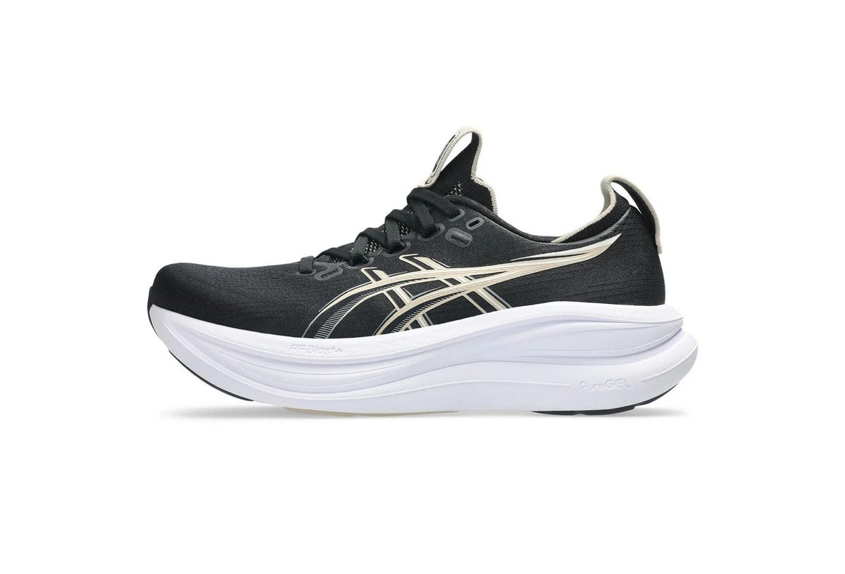 Asics Gel-Nimbus 28 black with white and gold accents.