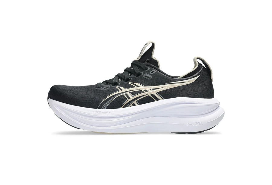 Asics Gel-Nimbus 28 black with white and gold accents.